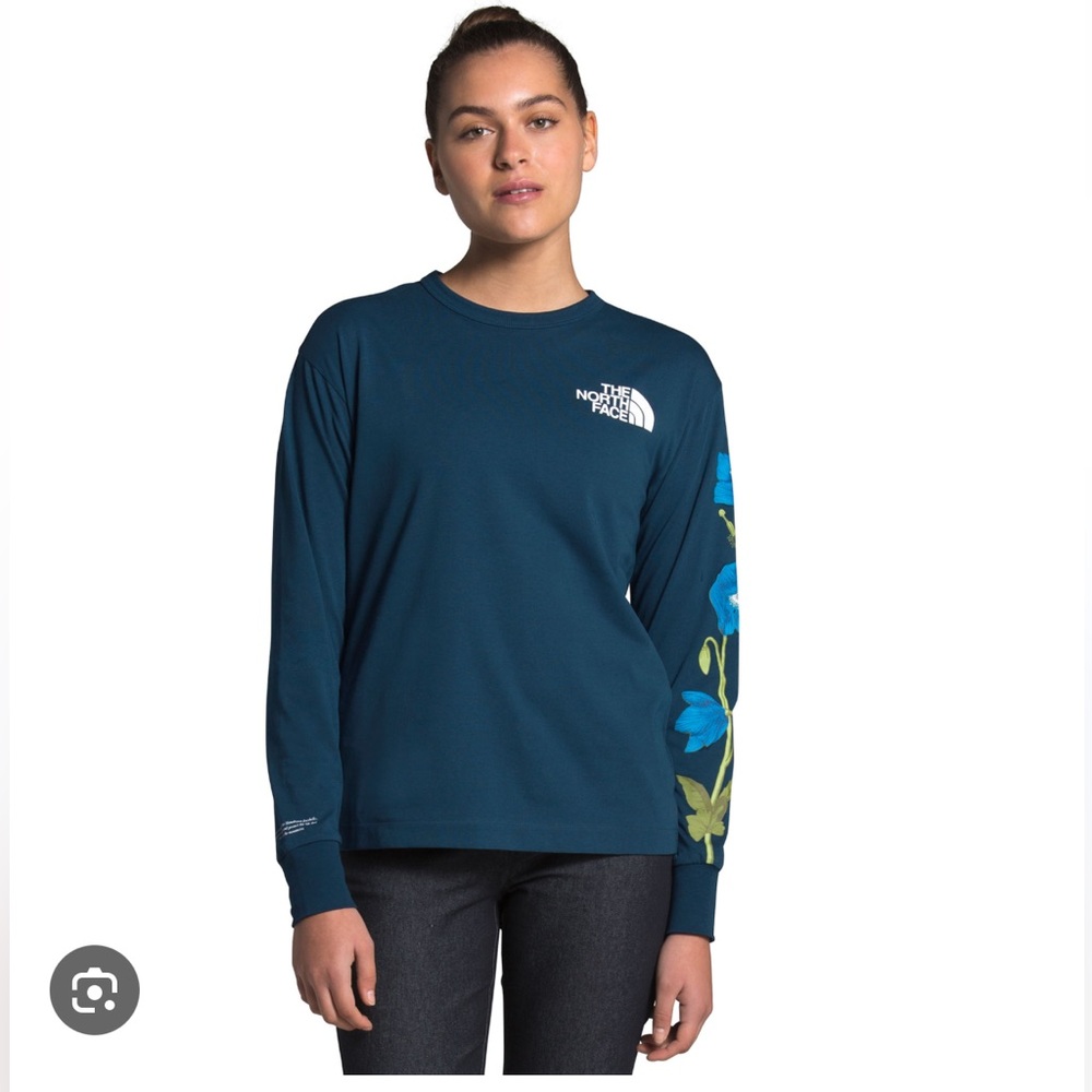 The North Face Women’s Blue Teal Long Sleeve T-Shirt with Floral Design